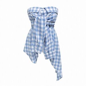 Strapless Blue Gingham Tie-Front Top